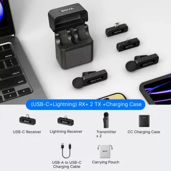 BOYA BY-V3 Combo 2,4 GHz brezžični mikrofonski sistem z 2 oddajnikoma in 2 sprejemnikoma (Lightning & USB-C) - črn