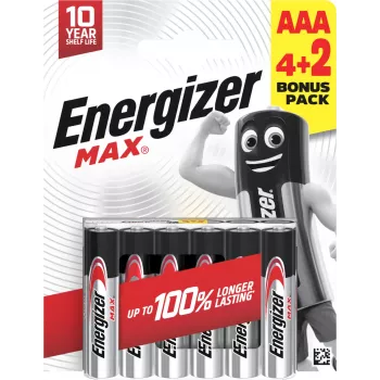 Energizer Max AAA alkalne baterije, 1,5 V, paket 6 kosov (4+2)