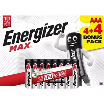 Energizer Max AAA alkalne baterije, 1,5 V, paket 8 kosov (4+4)