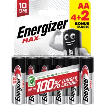 Energizer Max AA alkalne baterije, 1,5 V, paket 6 (4+2)