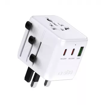 SBS univerzalni potovalni adapter z 2x USB-C PD 20W in 1x USB-A QC 18W, skupna moč 35W, bel