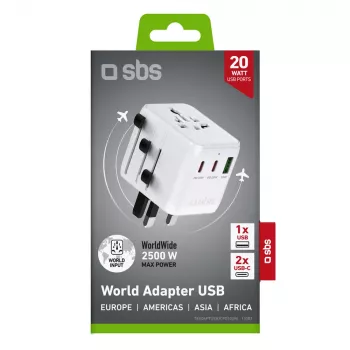 SBS univerzalni potovalni adapter z 2x USB-C PD 20W in 1x USB-A QC 18W, skupna moč 35W, bel