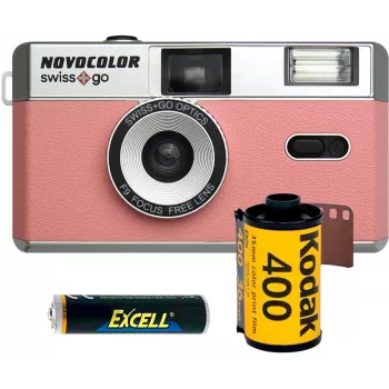 Swiss+Go Novocolor 35mm analogni fotoaparat s paketom z bliskavico, roza (SWI401611)