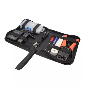 DSIT DC-TOOLSET-PRO profesionalni set orodja za omrežja s kleščami za krimpanje, testerjem, orodjem za LSA, kleščami, izvijači, konektorji in zadrgo torbico