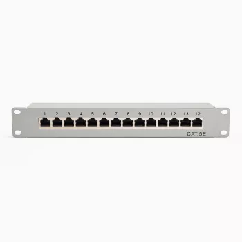 DSIT 10-palčni 12-portni Cat5e STP patch panel – 1U za montažo v rack, oklopljen RJ45, črn