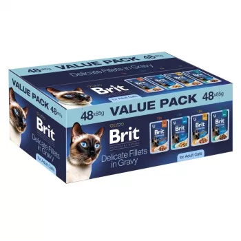 Brit Delicate Fillets in Gravy za odrasle mačke - 48x85g multipak (piščanec, govedina, puran, losos)