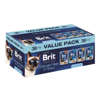 Brit Delicate Fillets in Gravy za odrasle mačke - mešano meso in ribe, 36 x 85 g vrečk