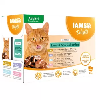 EUKANUBA IAMS DELIGHTS Land & Sea Collection v omaki mokra hrana za mačke – 12x85g vrečk (losos in trska, piščanec in puran, jagnjetina in rdeča paprika)