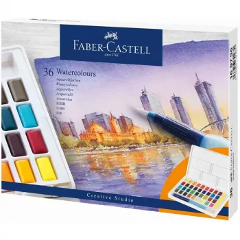 Faber-Castell Creative Studio set akvarelnih barv, 36 barv v trdih posodicah s čopičem in gobo, mešalna paleta v pokrovu, študentska kakovost, prozoren, za ponovno polnjenje, prenosna plastična škatla