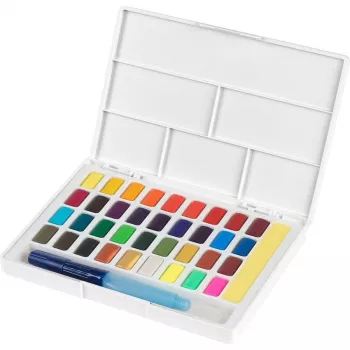 Faber-Castell Creative Studio set akvarelnih barv, 36 barv v trdih posodicah s čopičem in gobo, mešalna paleta v pokrovu, študentska kakovost, prozoren, za ponovno polnjenje, prenosna plastična škatla