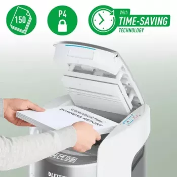 Leitz IQ Optimax AutoFeed 150 P-4 uničevalnik dokumentov s prečnim rezanjem, samodejnim podajanjem 150 listov in posodo 15L, črn