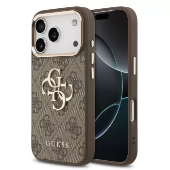 Guess ovitek za Apple iPhone 17 Pro Max iz PU usnja z kovinskim logotipom in zlatim okvirjem, združljiv z MagSafe, rjav