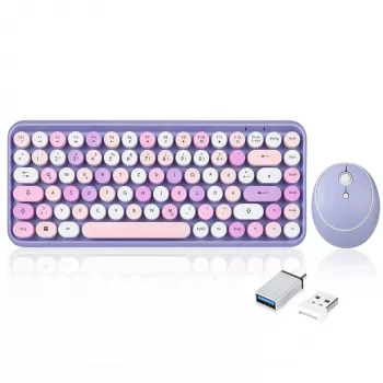 Perixx PERIDUO-713PP DE brezžični komplet mini tipkovnice in miške, retro-vintage dizajn, vijoličen, nemška postavitev