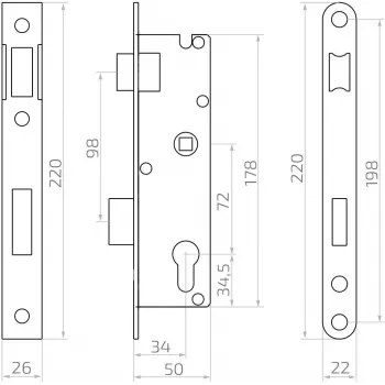 PSG 63.211 L/P vgradna ključavnica z zapahom in zapornico, zamenljiva, 220 x 22 mm čelna plošča, 72 mm PZ, 50 mm odmik, pocinkano jeklo