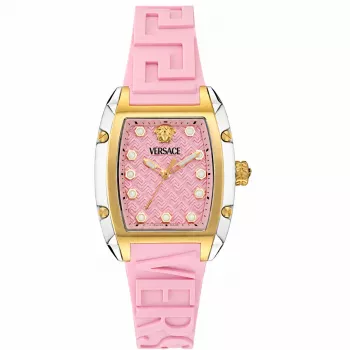 Versace VE8K00224 ženska kvarcna ura, 45 mm, sivo ohišje iz nerjavnega jekla, roza številčnica, roza silikonski pas
