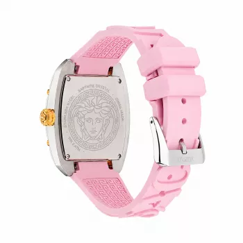 Versace VE8K00224 ženska kvarcna ura, 45 mm, sivo ohišje iz nerjavnega jekla, roza številčnica, roza silikonski pas