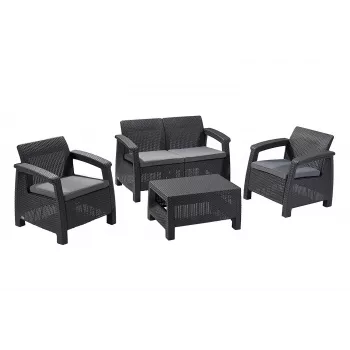 KETER Corfu vrtni set, siva - 4-sedežna sofa, 2 naslanjača, klubska mizica