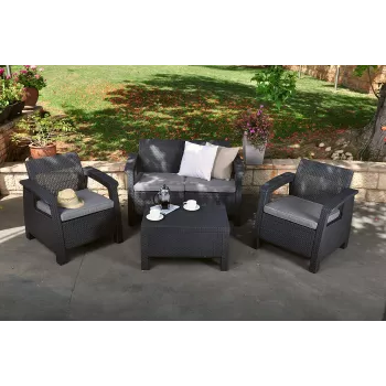KETER Corfu vrtni set, siva - 4-sedežna sofa, 2 naslanjača, klubska mizica