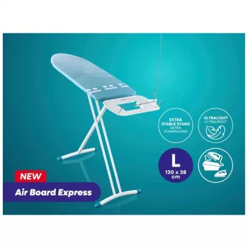 LEIFHEIT Air Board Express L Solid likalna deska 130x38 cm s tehnologijo Thermo-Reflect, višinsko nastavljiva 75-98 cm, zložljiva, oblika za ramena, nedrseče noge, odlagalna površina za likalnik, držalo za kabel, bela/modra