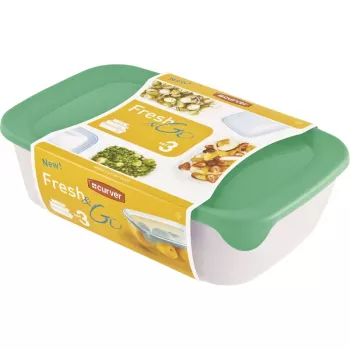 Curver Fresh & Go set škatel za shranjevanje, 3 pravokotne posode, 2L + 1L + 0,5L, prozorne z barvnimi nepredušnimi pokrovi