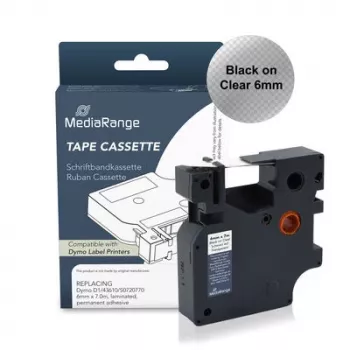 MediaRange plastična kaseta z napisnim trakom za Dymo D1 43610/S0720770, 6 mm x 7 m, laminirana, trajno lepilo, črno na prozornem (MRDY43610)