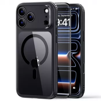 ESR Classic Hybrid MagSafe in kaljeno steklo ovitek za iPhone 17 Pro Max / 18 Pro Max – prozoren s črnim okvirjem