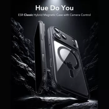 ESR Classic Hybrid MagSafe in kaljeno steklo ovitek za iPhone 17 Pro Max / 18 Pro Max – prozoren s črnim okvirjem