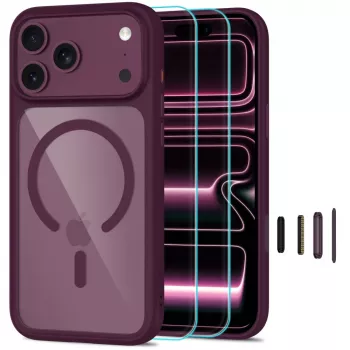 TECH-PROTECT MagOne MagSafe ovitek + kaljeno steklo paket 2 za iPhone 17 Pro / 18 Pro – Dark Cherry/prosojen