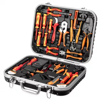 NEO TOOLS 25-delni komplet električarskega orodja v kovčku, VDE-izolirano ročno orodje z napetostnim preizkuševalcem, kleščami za odstranjevanje izolacije, kleščami, izvijači in dodatki v trdnem plastičnem kovčku