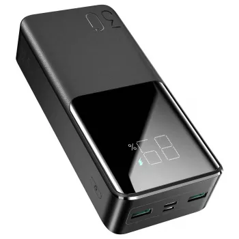 JOYROOM JR-QP193 30000 mAh 22,5W powerbank z digitalnim zaslonom, PD3.0/QC3.0, 3 izhodi (2 USB-A + 1 USB-C), 2 vhoda (USB-C + Micro USB), črn