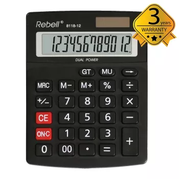 REBELL RE-8118-12 BX polnamizni kalkulator, 12-mestni poševni LCD, dvojno napajanje solar in baterija, črn