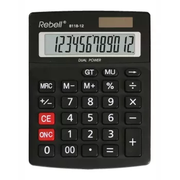 REBELL RE-8118-12 BX polnamizni kalkulator, 12-mestni poševni LCD, dvojno napajanje solar in baterija, črn