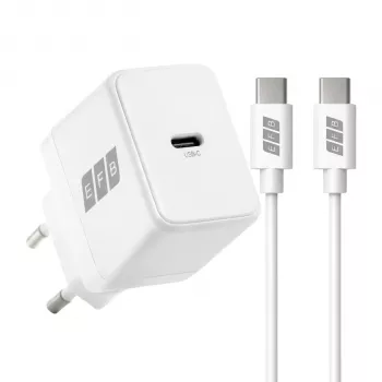 EFB Elektronik G201CE 20W USB-C GaN komplet stenskega polnilnika s 2m USB-C kablom, PD3.0 & QC3.0, bel
