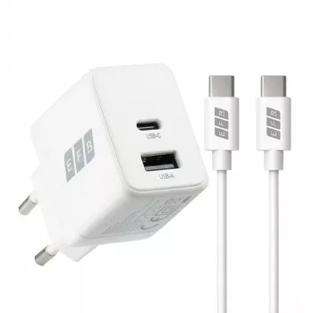 EFB Elektronik G201A1CE 20W GaN USB-C PD3.0 + USB-A QC3.0 komplet stenskega polnilnika s 2m USB-C kablom, bel