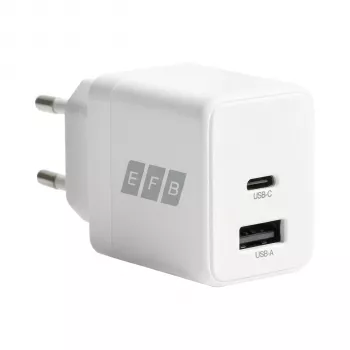 EFB Elektronik G201A1CE 20W GaN USB-C PD3.0 + USB-A QC3.0 komplet stenskega polnilnika s 2m USB-C kablom, bel