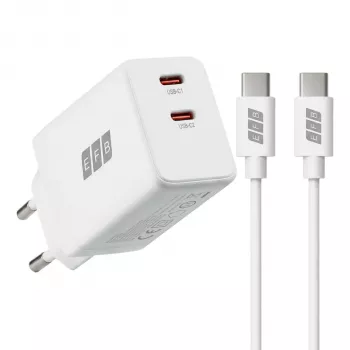 EFB Elektronik G452CE 45W dvojni USB-C GaN komplet stenskega polnilnika s 2m USB-C kablom, bel
