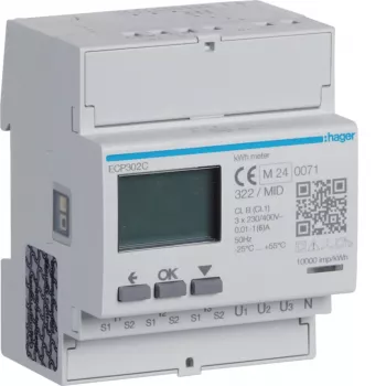 Hager ECP302C trifazni števec energije za tokovne transformatorje 1A ali 5A, 4-modulna DIN letev, impulzni izhod S0