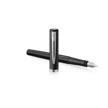 Waterman Impression nalivno pero, črn lak, kromiran obroč, fino pero, modro črnilo, darilna škatla 2225496