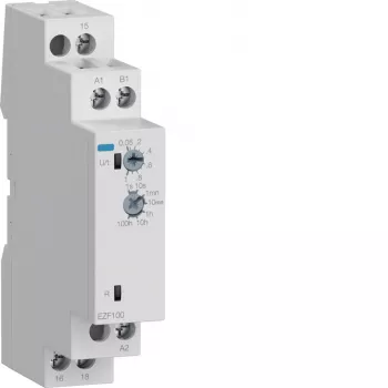 Hager EZF100 multifunkcijski časovni rele, 230V AC, 8 funkcij, 0,1s-10h, 1 CO kontakt, za DIN letev
