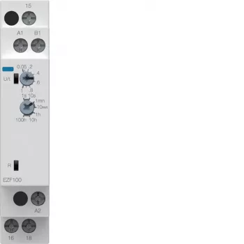 Hager EZF100 multifunkcijski časovni rele, 230V AC, 8 funkcij, 0,1s-10h, 1 CO kontakt, za DIN letev