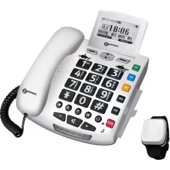 Geemarc komplet SERENTIES žični telefon za starejše z obeskom za zaznavanje padcev, osvetljen zaslon, bel