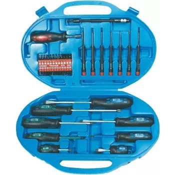 Brüder Mannesmann 11242 42-delni set izvijačev z režami, križnimi, Pozidriv, Torx, notranjimi hex nastavki in stenskim stojalom