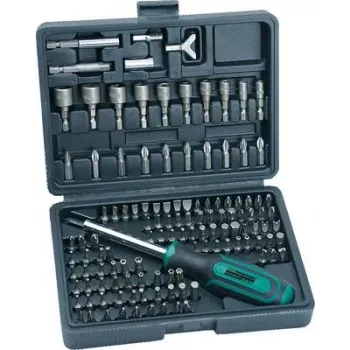BRÜDER MANNESMANN 122-delni set izvijačev in nastavkov v plastičnem kovčku, nastavki iz krom-vanadijevega jekla, 1/4 inch šesterokotni pogon, ergonomski ročaji, magnetno držalo nastavkov, standard DIN M29896