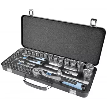 Brüder Mannesmann Q25010 65-delni komplet nasadnih ključev, pogon 1/4 inch in 1/2 inch, krom-vanadijevo jeklo, 6-robni nasadni ključi, raglje s preklopnim finim ozobjem, v plastičnem kovčku