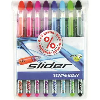 Schneider Slider Basic komplet kemičnih svinčnikov - 8 različnih barv, ekstra široka konica 1,4 mm, tehnologija Viscoglide, ergonomski gumiran oprijem, sponka iz nerjavnega jekla 151298