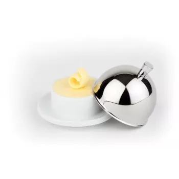 APS posoda za maslo, porcelanasta posoda s pokrovom iz nerjavnega jekla 18/8, 180 x 130 x 70 mm, bela/srebrna, 1 kos 15921