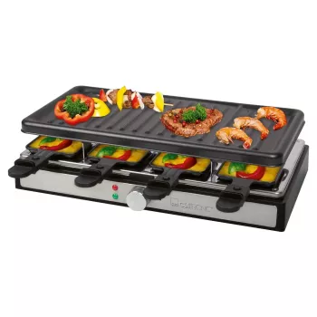 Raclette žar Clatronic RG 3757, pravokoten, rebrasta žar plošča 42x21 cm, 8 raclette ponvic, 1400 W, nerjavno jeklo/plastika, 263946