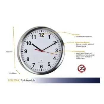 TFA Dostmann 60.3529.02 radijska stenska ura 220 mm aluminij drseči sekundni kazalec
