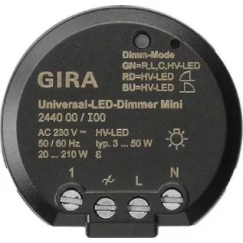 GIRA 244000 univerzalni LED zatemnitveni modul, podometni, elektronski, 230 V AC, 3-100 W LED / 20-200 W halogenske, fazni odvod, mehki zagon, funkcija pomnilnika