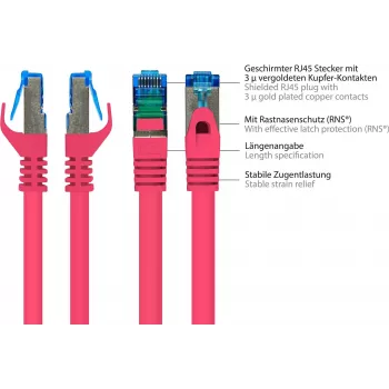 GoodConnections RNS® Cat. 6A S/FTP patch kabel z zaščito zaponke, brezhalogen, magenta, 20m (8060-H200M)
